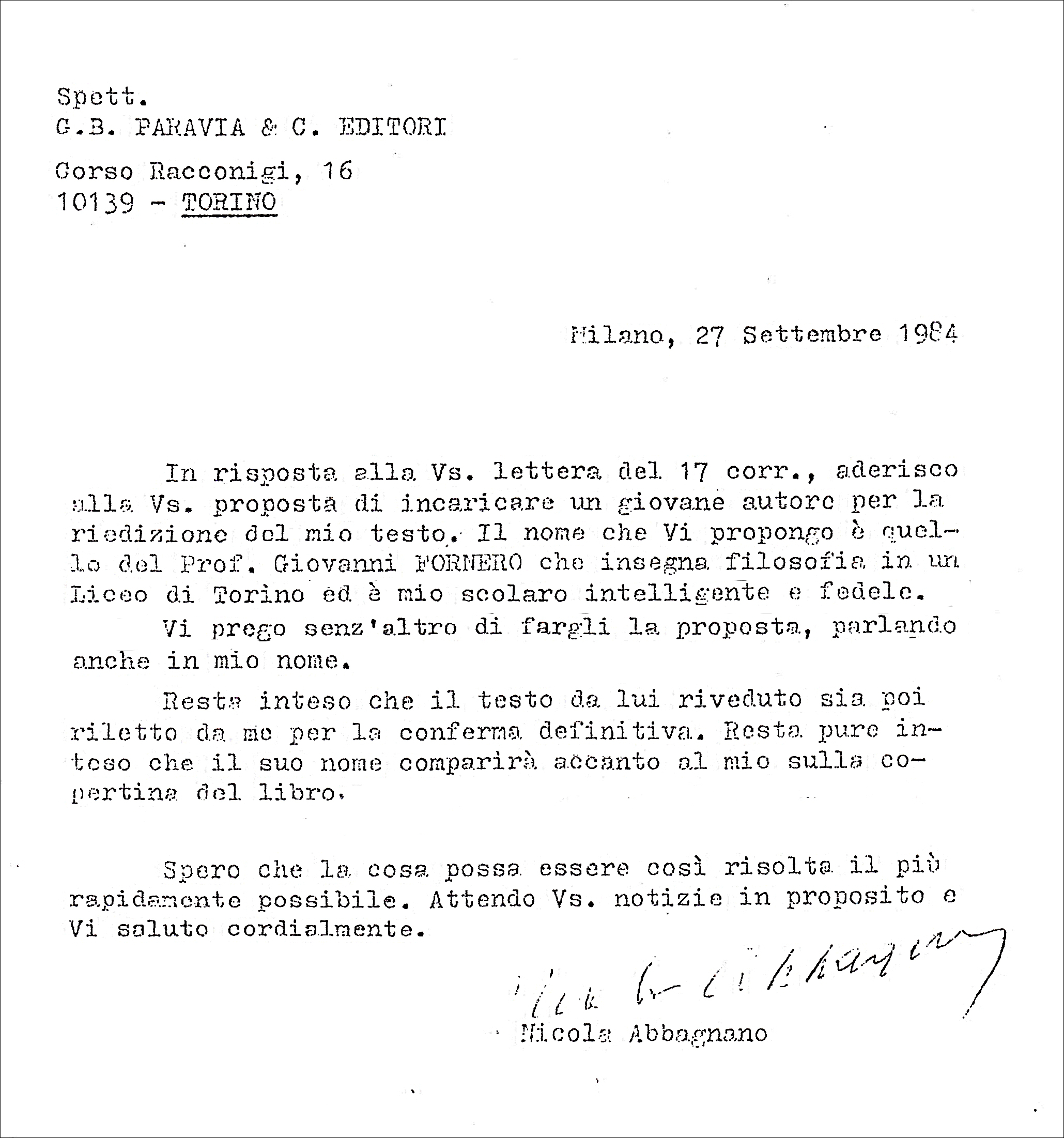 Una lettera di
Abbagnano su Fornero