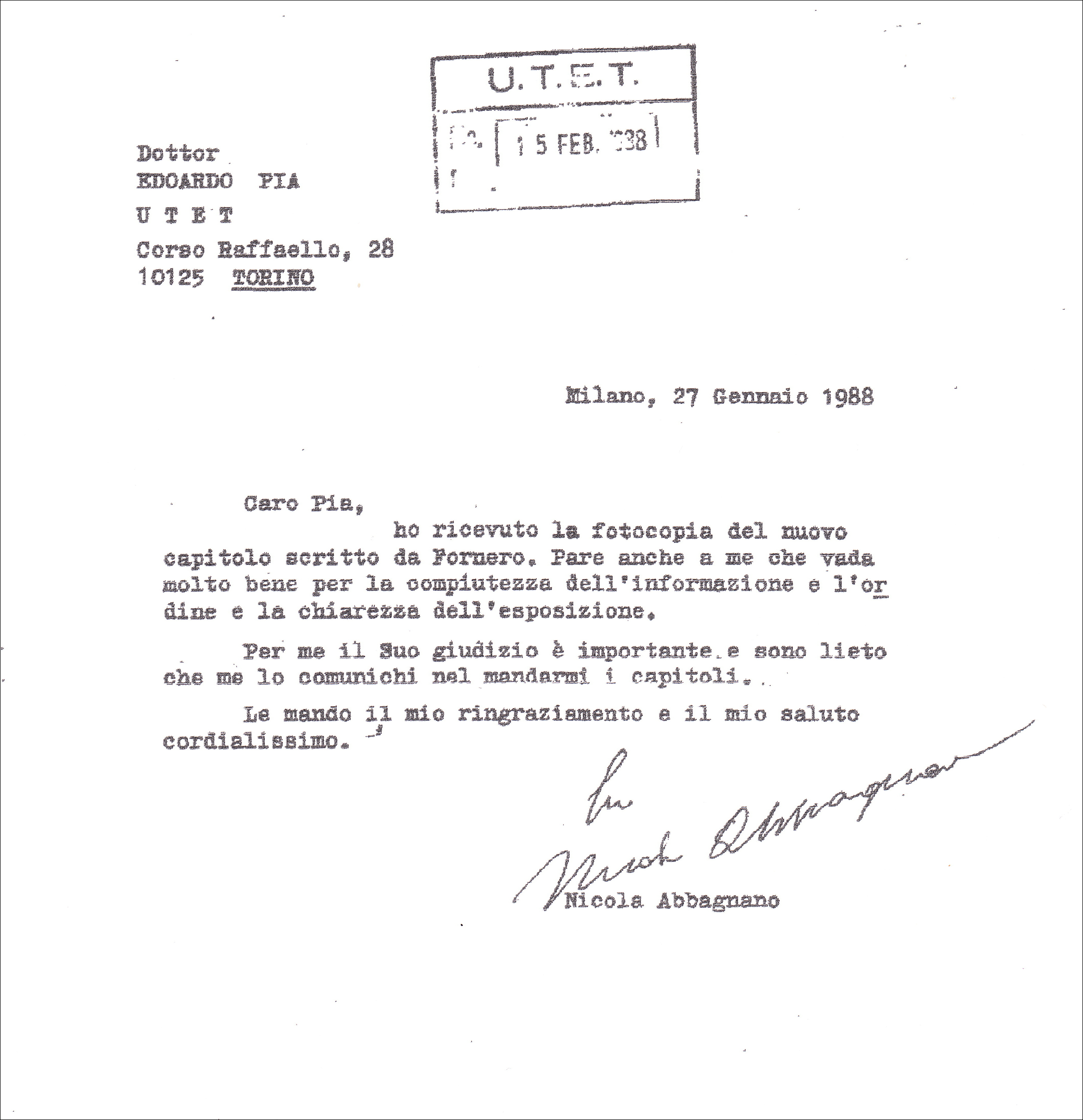 Una lettera di Abbagnano
su Fornero